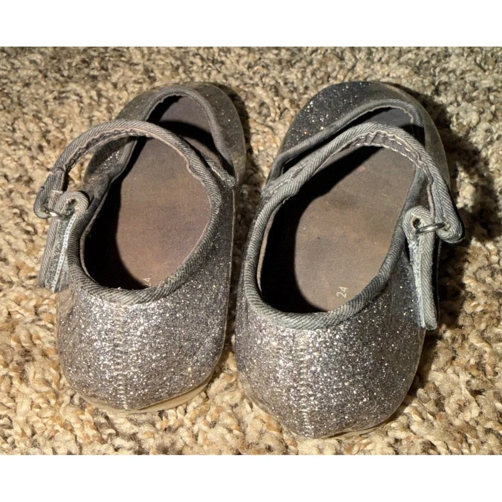 Zara-Girls Dark Brown Silver Glitter Finish Mary Jane Ballet Shoes 9.5 (24)